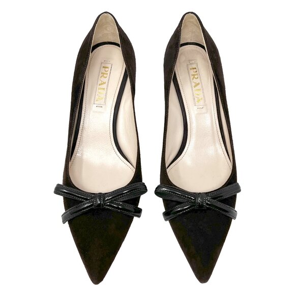 Prada Brown Suede Pointed-Toe Bow Pumps EU 37 Mid Heel | Made in Italy - Picture 1 of 9